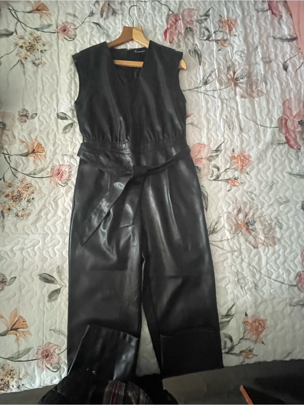 INC International Concepts Black Faux-Leather Sleeveless Jumpsuit with Tie Belt